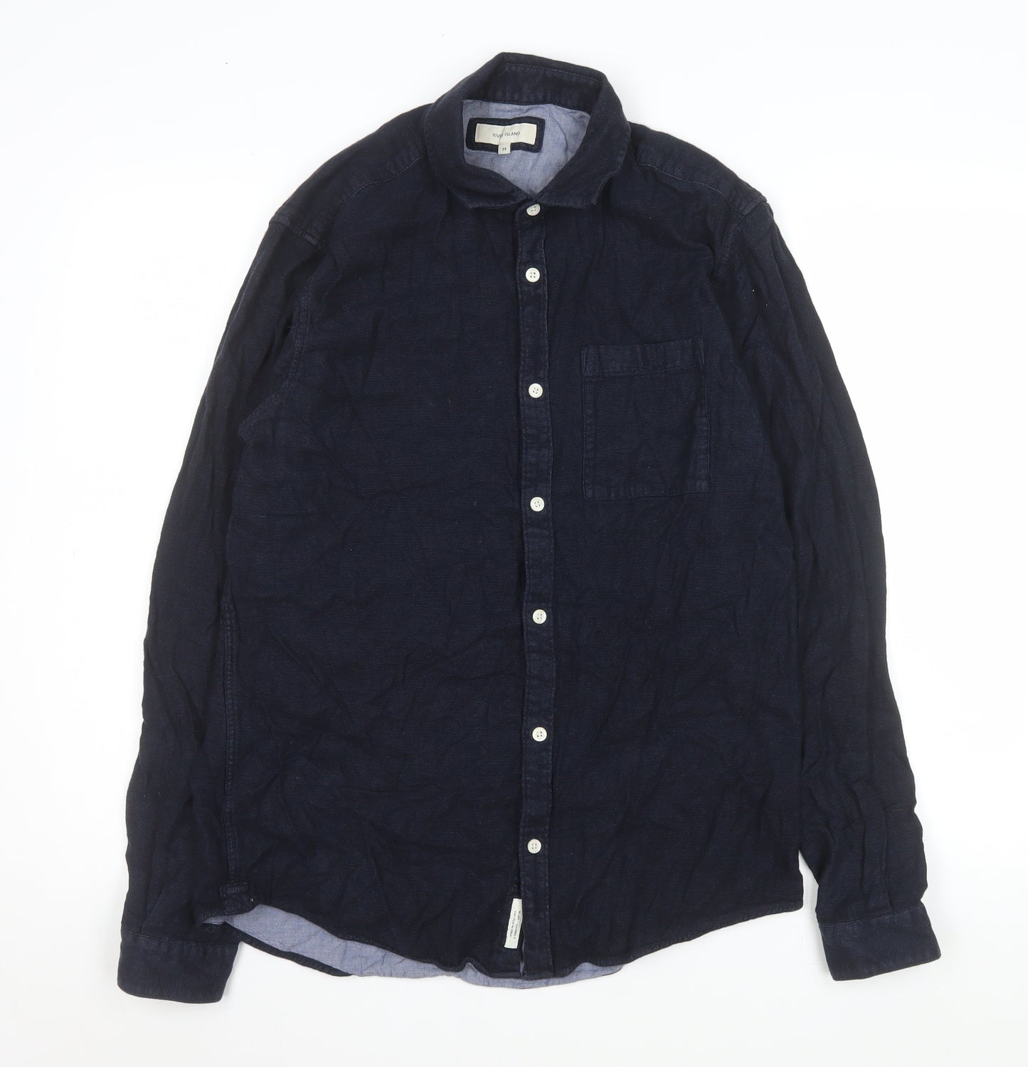 River Island Men's Blue Linen Long Sleeve Button-Up Shirt M