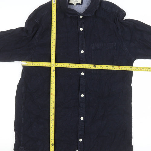 River Island Men's Blue Linen Long Sleeve Button-Up Shirt M