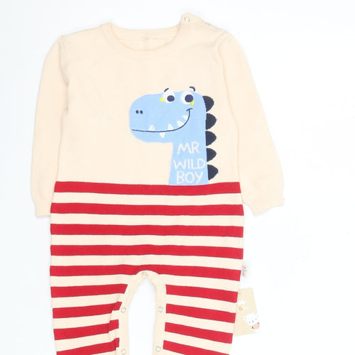 Baby Boys Beige Red Striped Cotton Dinosaur Babygrow 12 Months