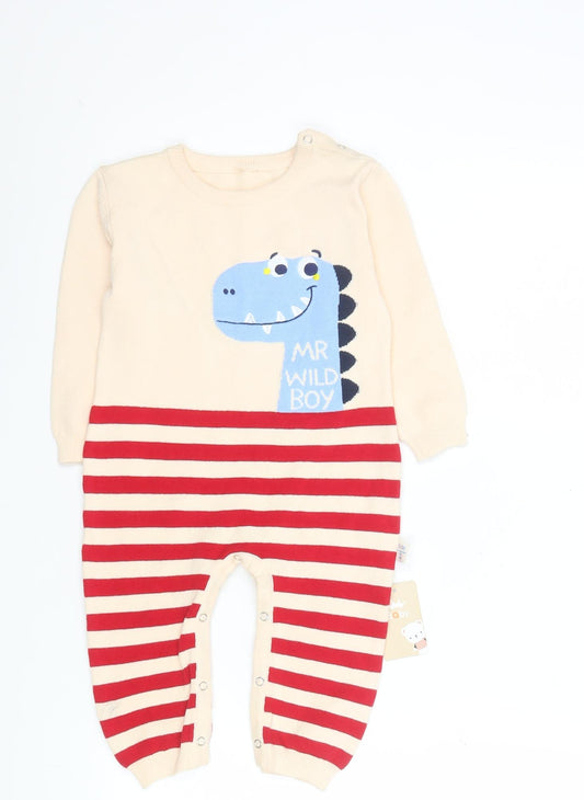 Baby Boys Beige Red Striped Cotton Dinosaur Babygrow 12 Months