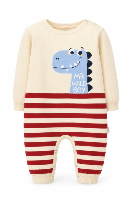 Baby Boys Beige Red Striped Cotton Dinosaur Babygrow 12 Months