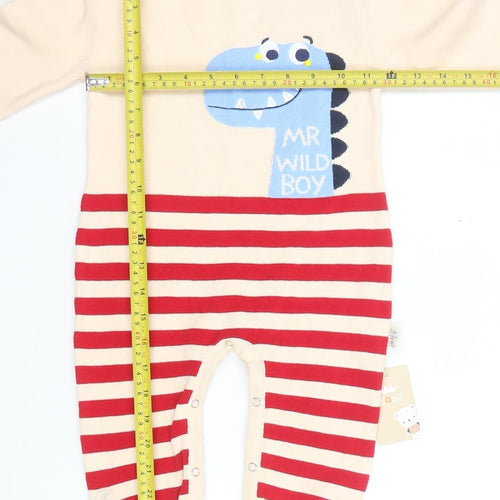 Baby Boys Beige Red Striped Cotton Dinosaur Babygrow 12 Months
