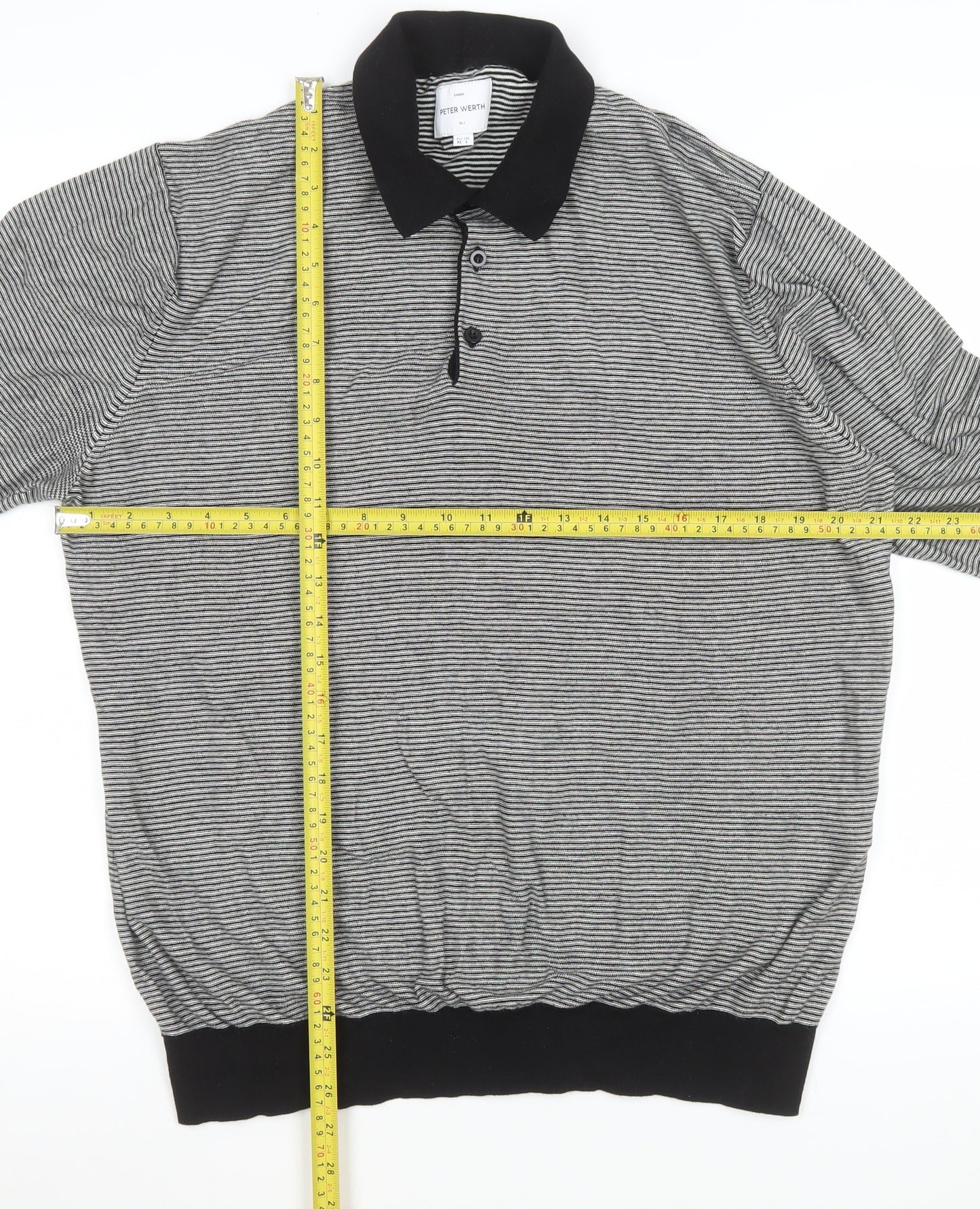 Peter Werth Men's Black Striped Cotton Long Sleeve Polo Shirt L