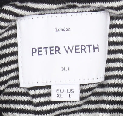 Peter Werth Men's Black Striped Cotton Long Sleeve Polo Shirt L