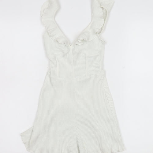 Bershka Women White Ribbed Ruffle Strap Playsuit Size XS Summer Casual
