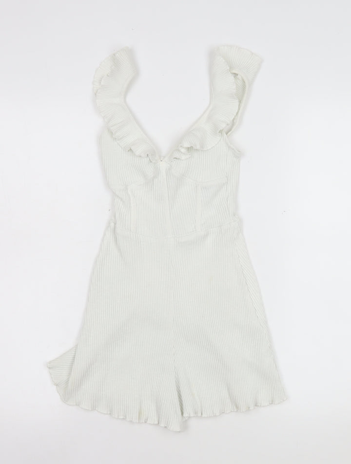 Bershka Women White Ribbed Ruffle Strap Playsuit Size XS Summer Casual