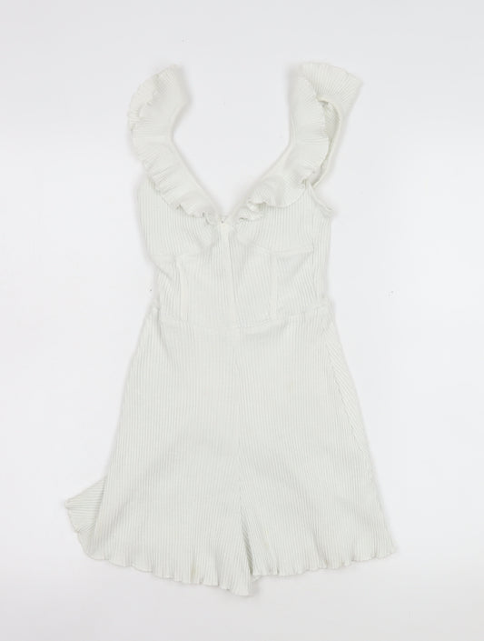 Bershka Women White Ribbed Ruffle Strap Playsuit Size XS Summer Casual