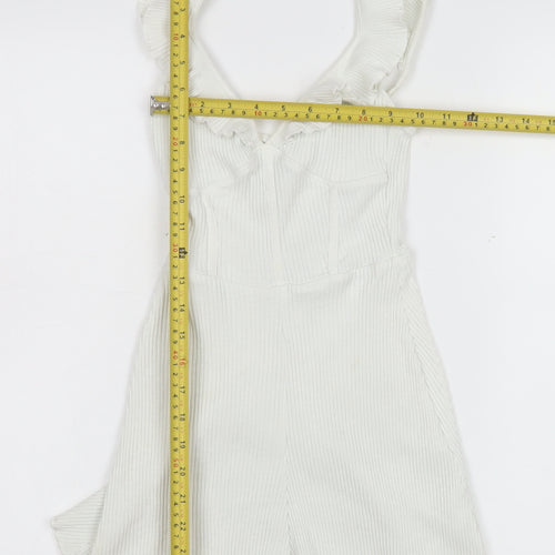 Bershka Women White Ribbed Ruffle Strap Playsuit Size XS Summer Casual