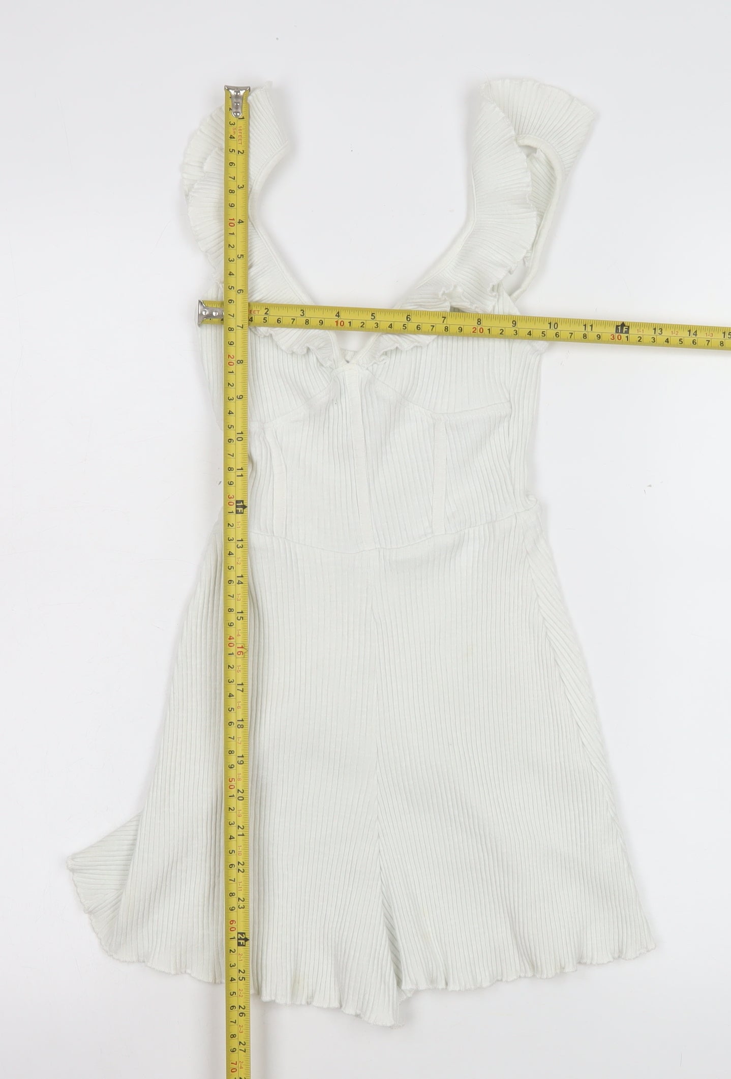 Bershka Women White Ribbed Ruffle Strap Playsuit Size XS Summer Casual