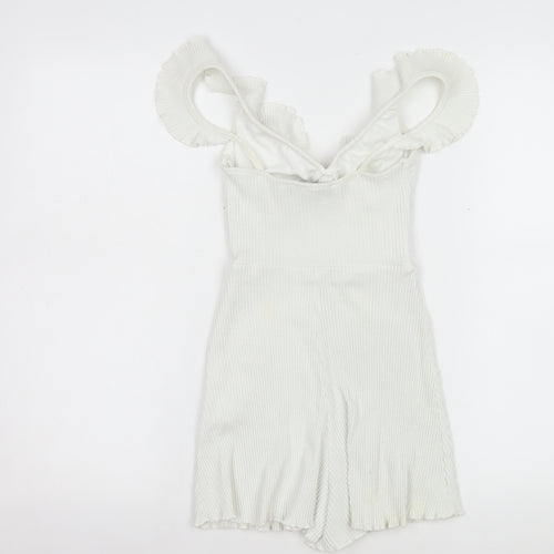 Bershka Women White Ribbed Ruffle Strap Playsuit Size XS Summer Casual
