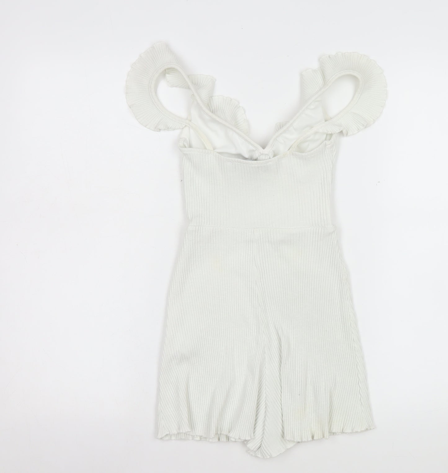 Bershka Women White Ribbed Ruffle Strap Playsuit Size XS Summer Casual