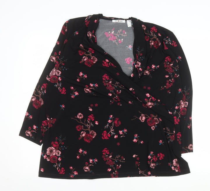 Punt Roma Women's Black Floral Wrap Blouse Long Sleeve XL