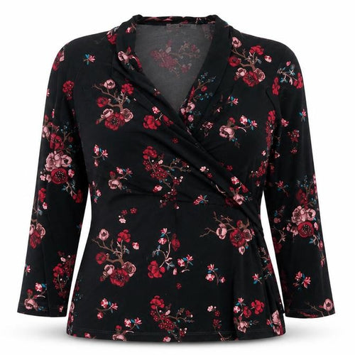 Punt Roma Women's Black Floral Wrap Blouse Long Sleeve XL