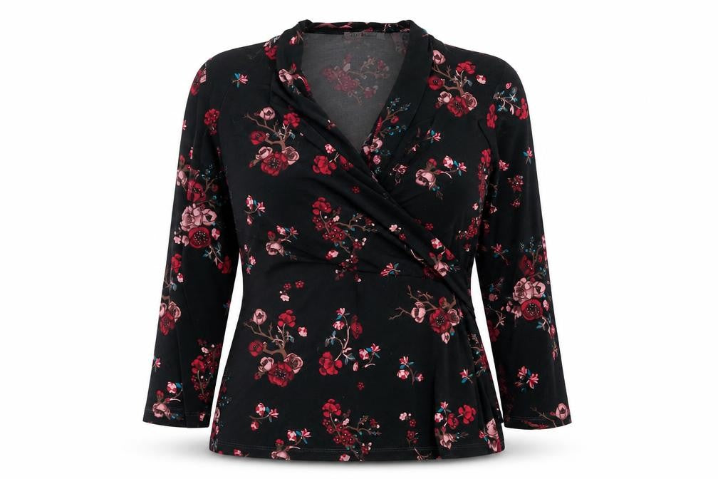 Punt Roma Women's Black Floral Wrap Blouse Long Sleeve XL