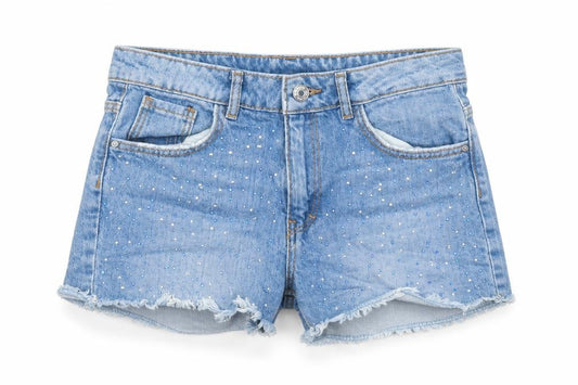 Front view of Denim Co. Teens Blue Rhinestone Cut-Off Denim Shorts, size 11 Slim