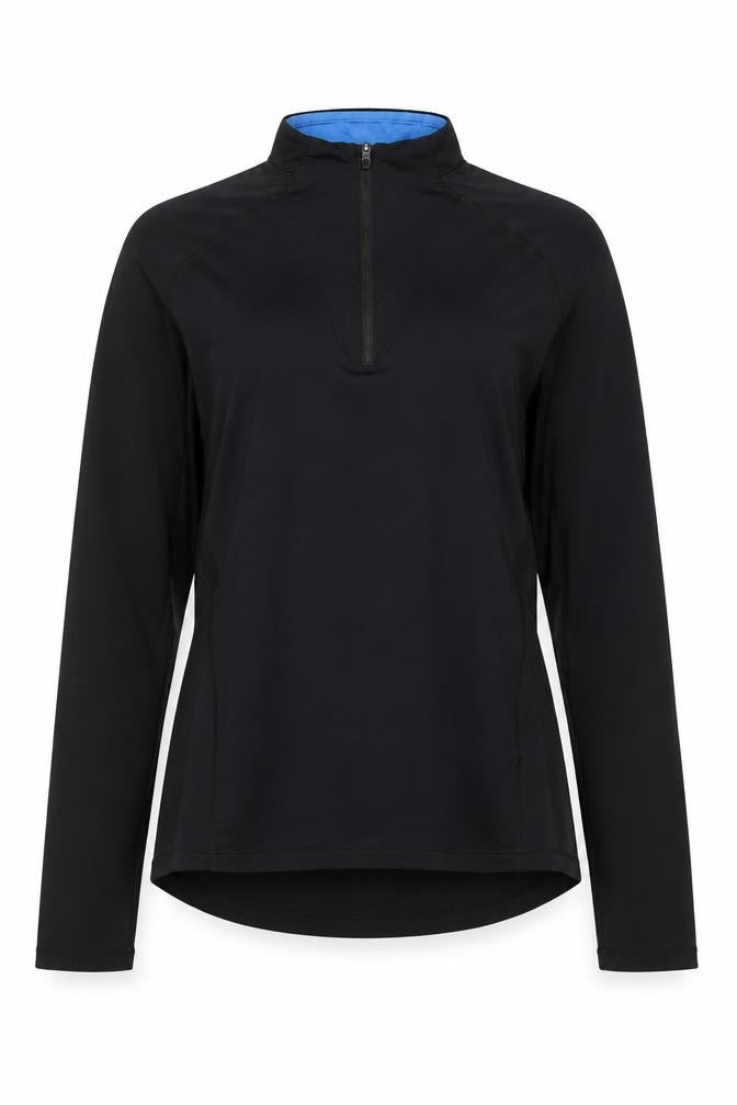 Front view of Asics Women's Black Long Sleeve 1/4 Zip Pullover Sweatshirt, size S