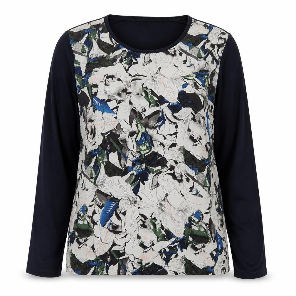 Front view of Warehouse women’s multicoloured floral long sleeve blouse, size L