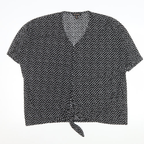 QED London Women's Black White Polka Dot V-Neck Tie Front Blouse M/L