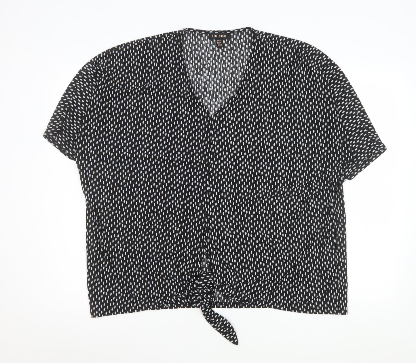 QED London Women's Black White Polka Dot V-Neck Tie Front Blouse M/L