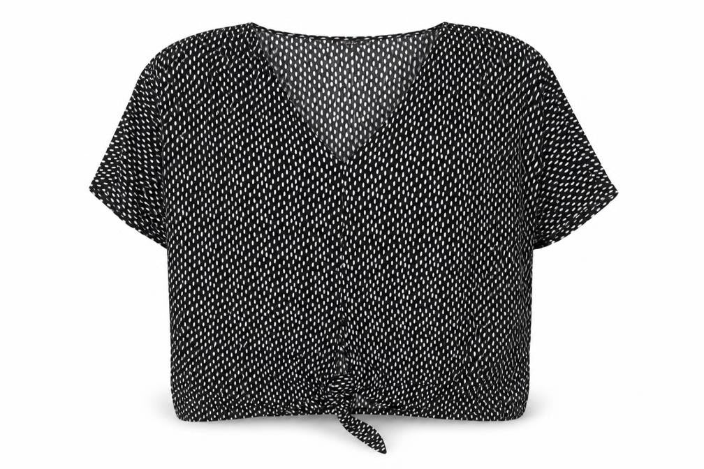 QED London Women's Black White Polka Dot V-Neck Tie Front Blouse M/L