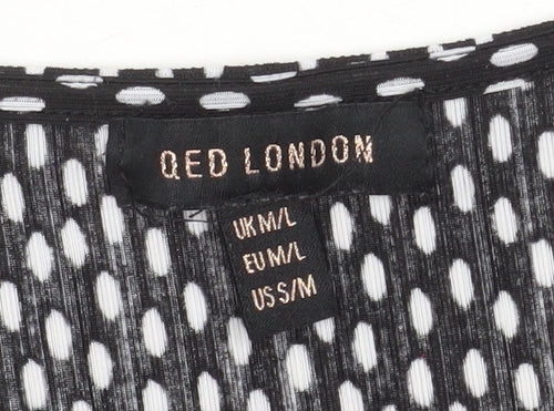 QED London Women's Black White Polka Dot V-Neck Tie Front Blouse M/L
