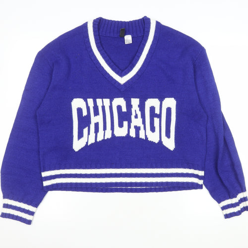 H&M Women Blue V-Neck Chicago Knit Pullover Jumper Size S