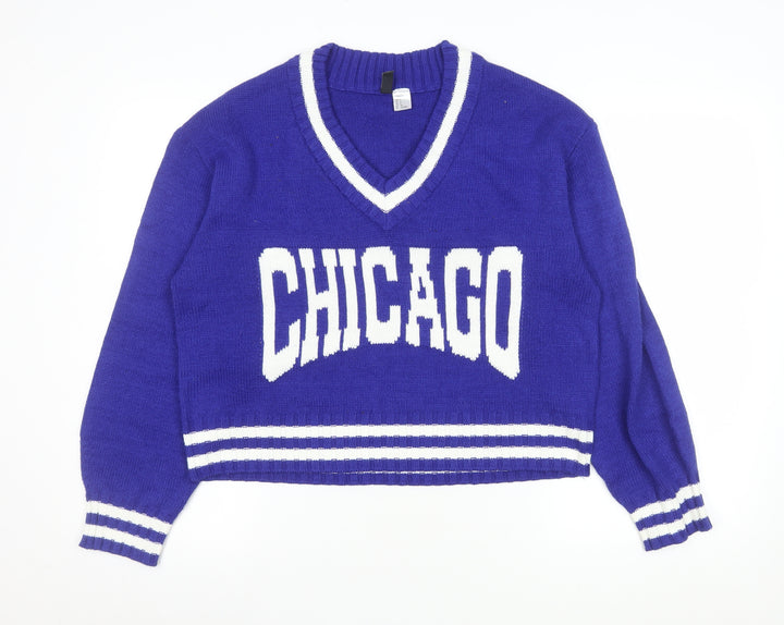 H&M Women Blue V-Neck Chicago Knit Pullover Jumper Size S