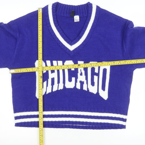 H&M Women Blue V-Neck Chicago Knit Pullover Jumper Size S