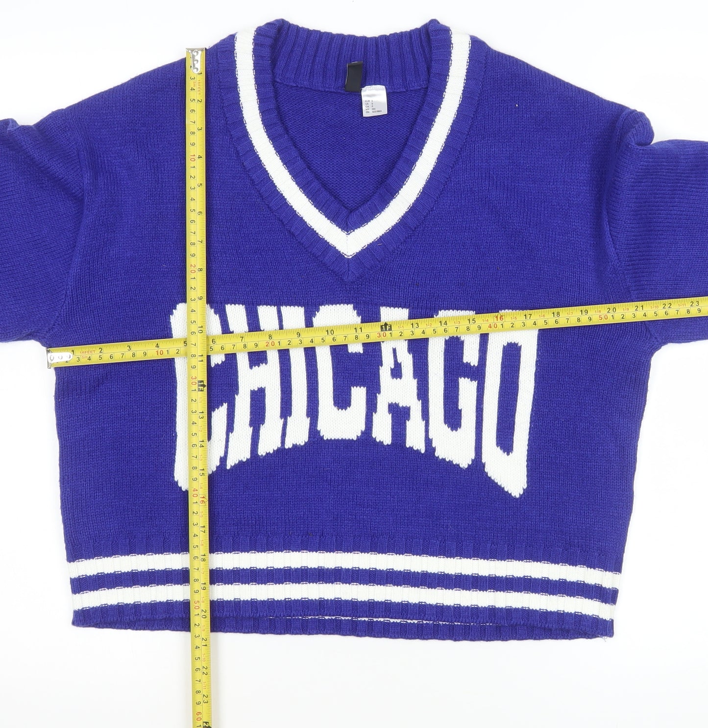 H&M Women Blue V-Neck Chicago Knit Pullover Jumper Size S