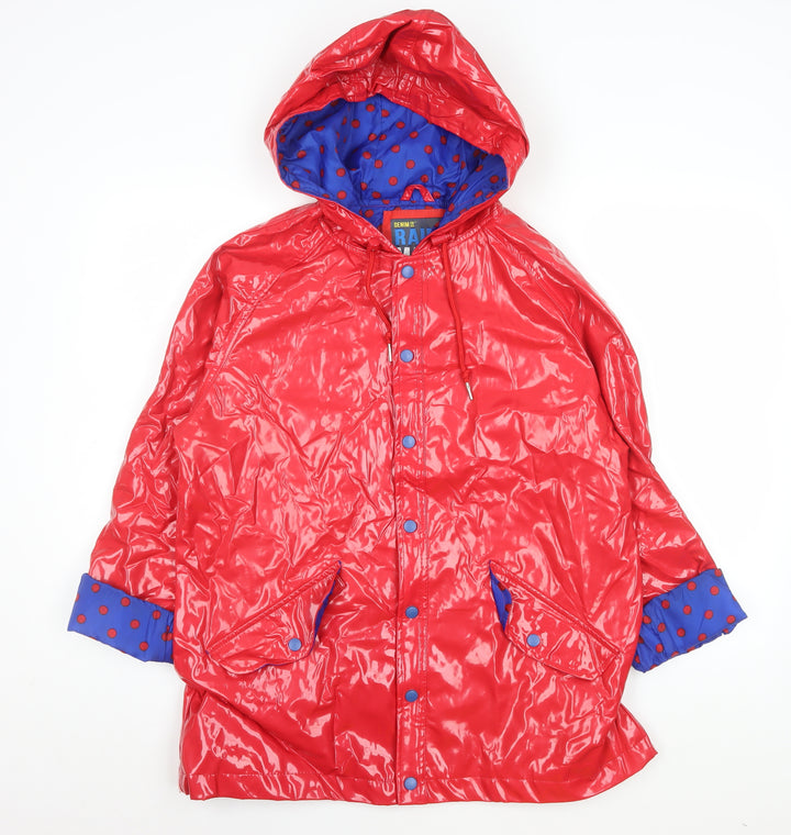 Denim Co Women's Red Waterproof Rain Coat L Hooded Mid-Length