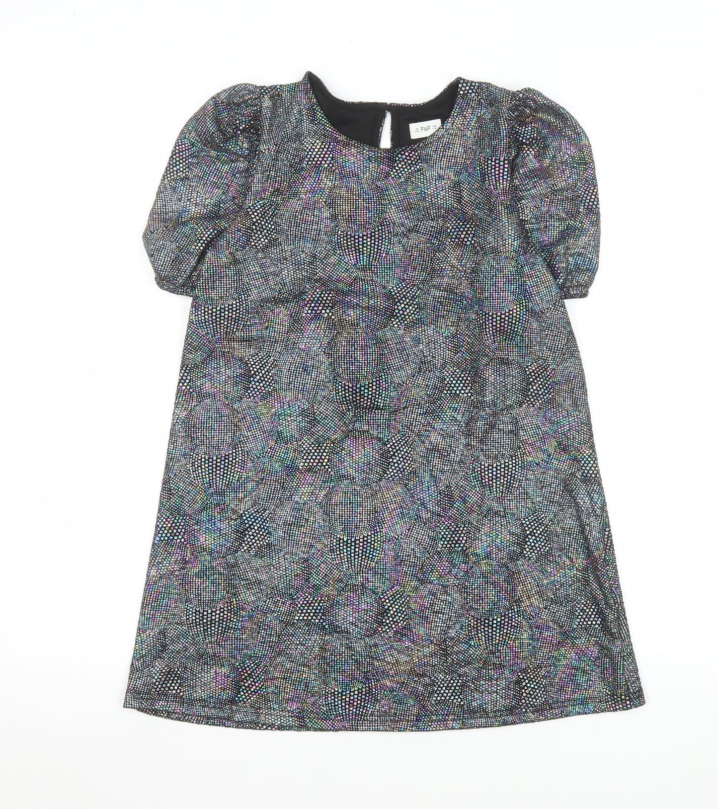 F&F Girls Black Glitter A-Line Party Dress 7-8 Years Puff Sleeve