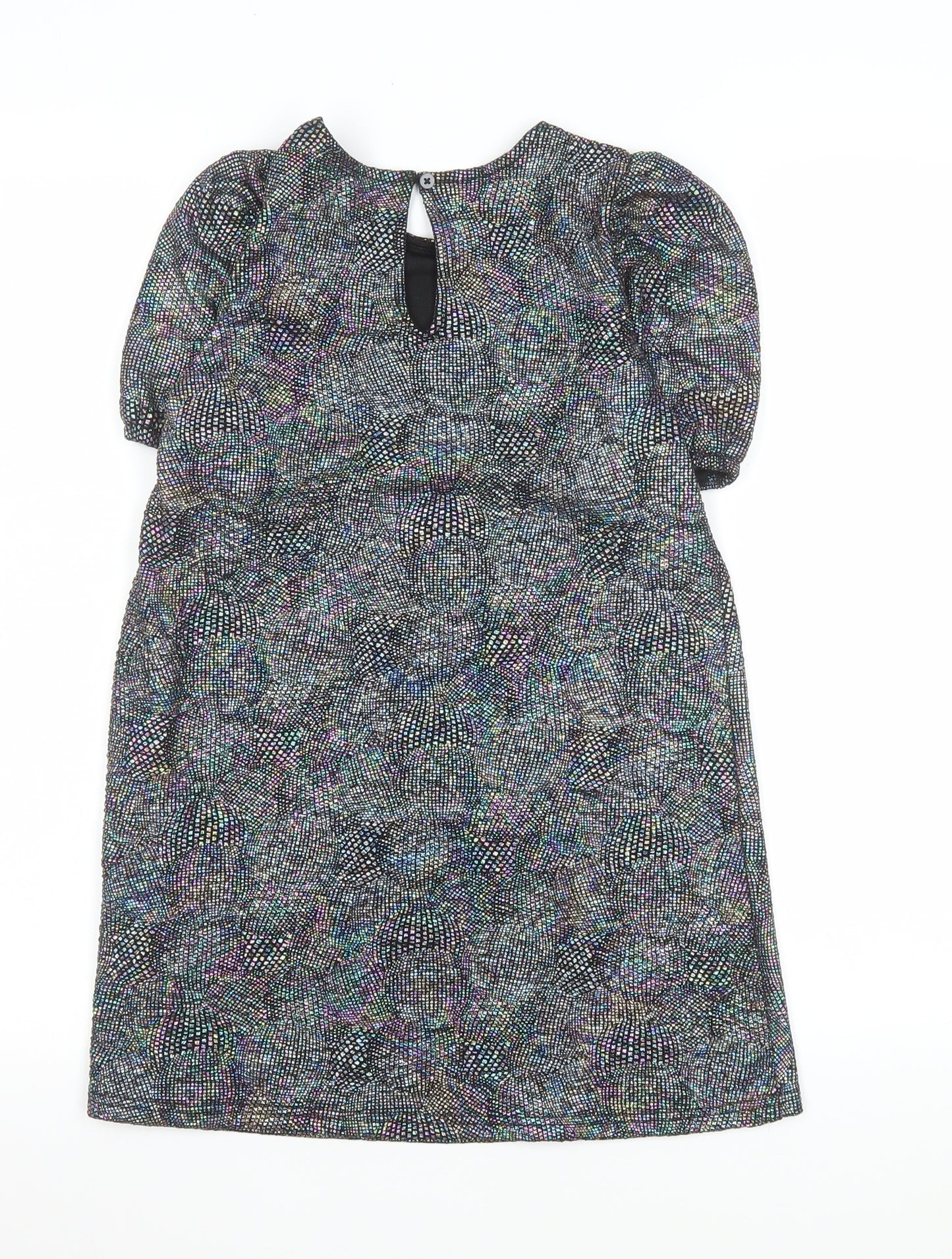 F&F Girls Black Glitter A-Line Party Dress 7-8 Years Puff Sleeve