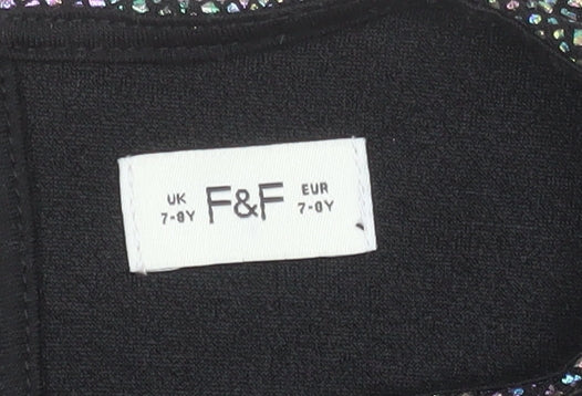 F&F Girls Black Glitter A-Line Party Dress 7-8 Years Puff Sleeve