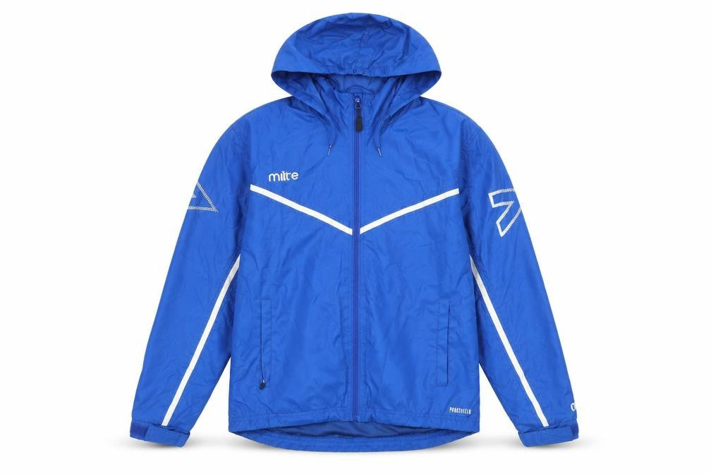 Front view of Mitre boys’ blue windbreaker hooded jacket l lightweight waterproof
