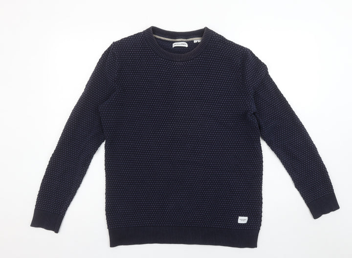 Jack & Jones Men's Blue Cotton Waffle Knit Jumper Size L