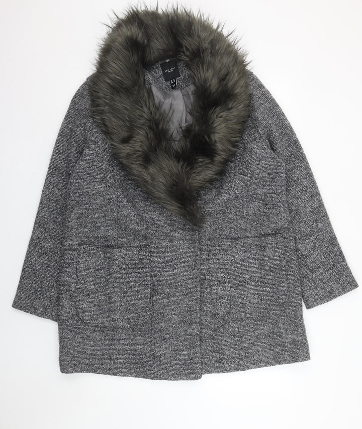 New Look Curves Women’s Grey Faux Fur Collar Wool Blend Coat Size 18