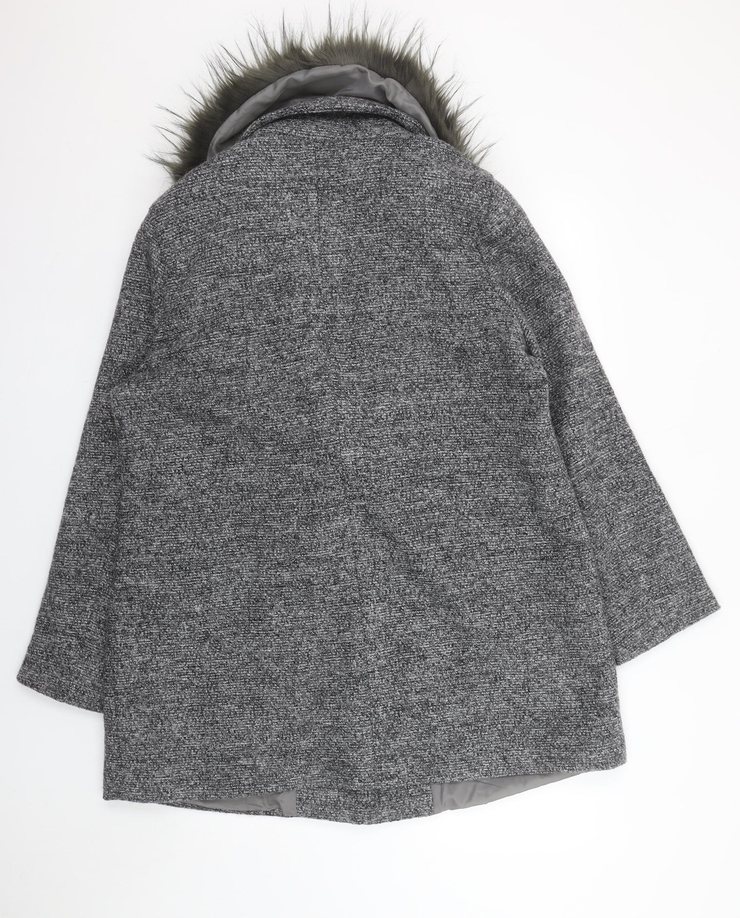 New Look Curves Women’s Grey Faux Fur Collar Wool Blend Coat Size 18