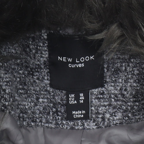 New Look Curves Women’s Grey Faux Fur Collar Wool Blend Coat Size 18
