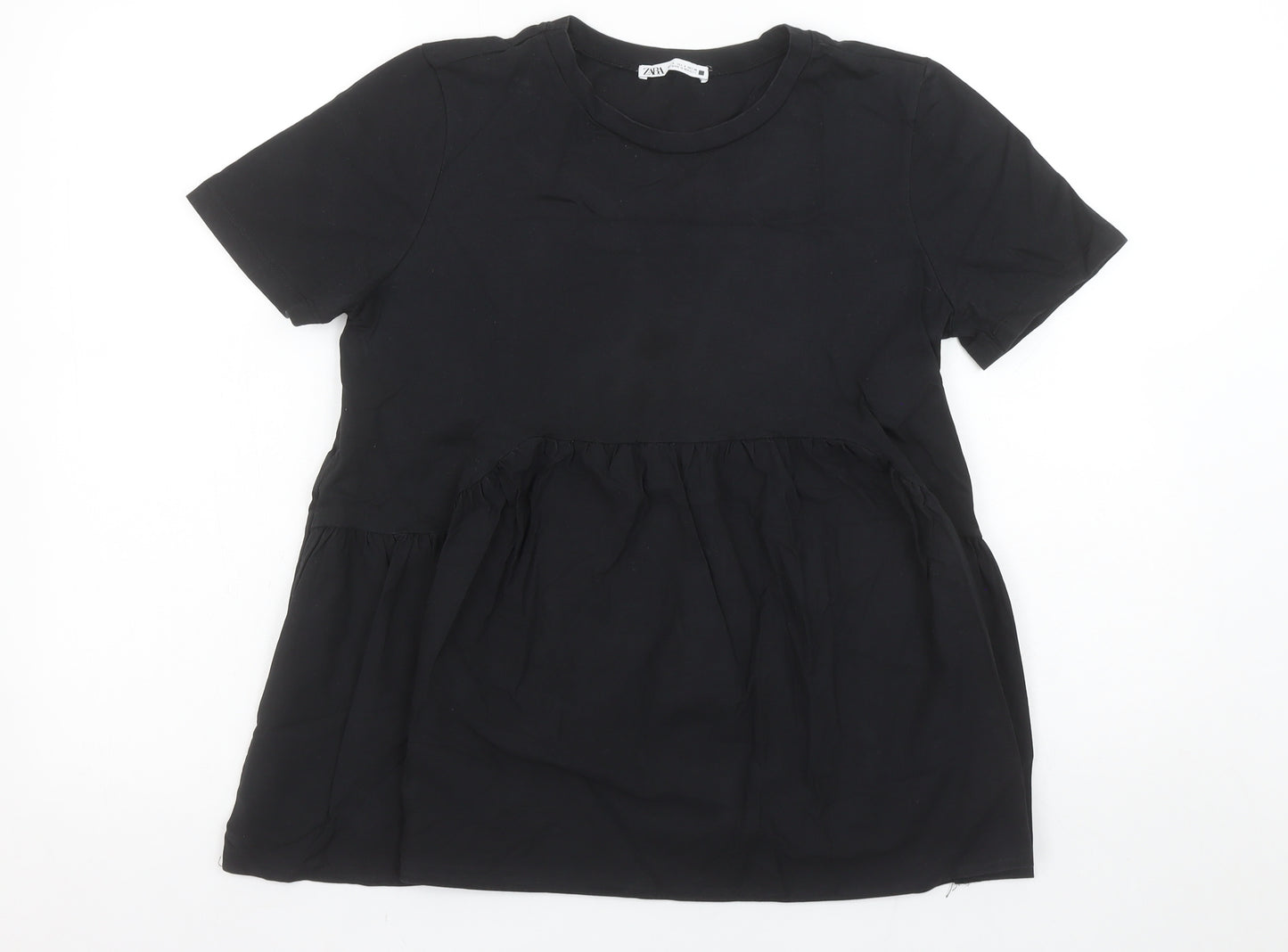 Zara Women’s Black Cotton Tunic Blouse Size 8 Short Sleeve
