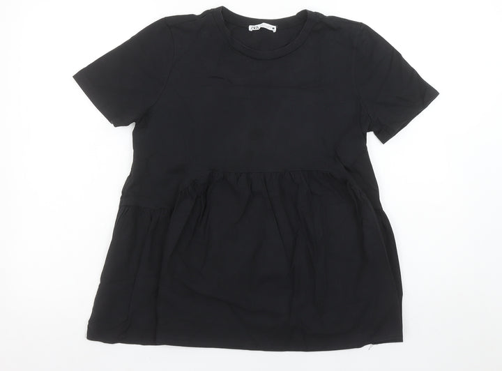 Zara Women’s Black Cotton Tunic Blouse Size 8 Short Sleeve