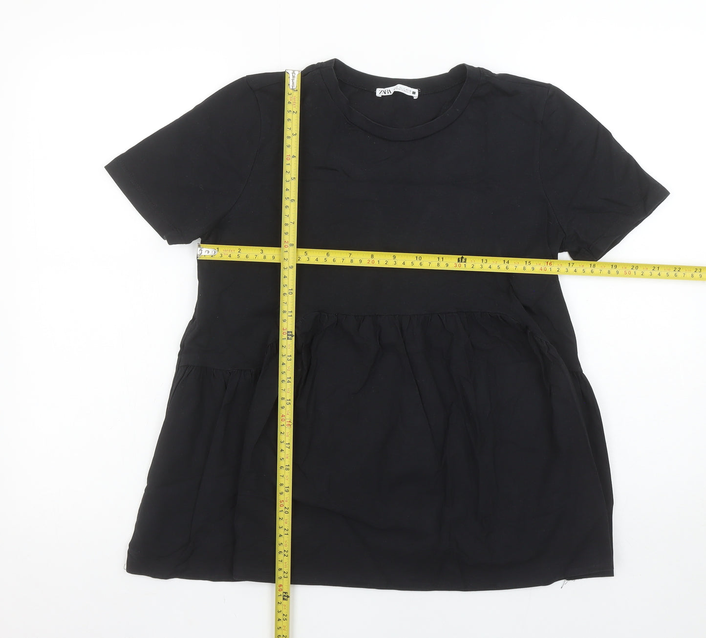 Zara Women’s Black Cotton Tunic Blouse Size 8 Short Sleeve