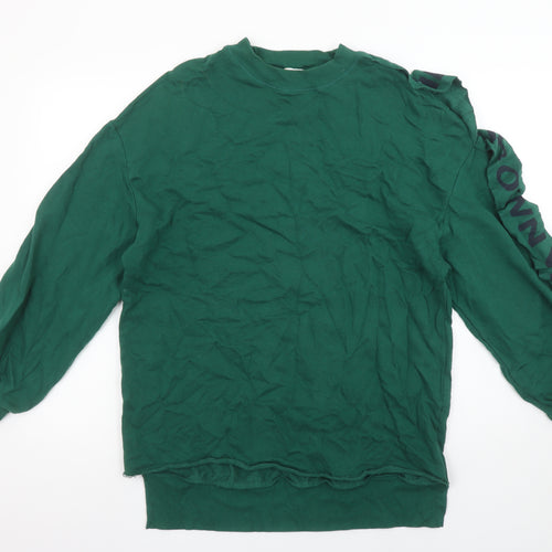 Pull&Bear Women’s Green Sweatshirt S Ruffle Logo Sleeve Crew Neck