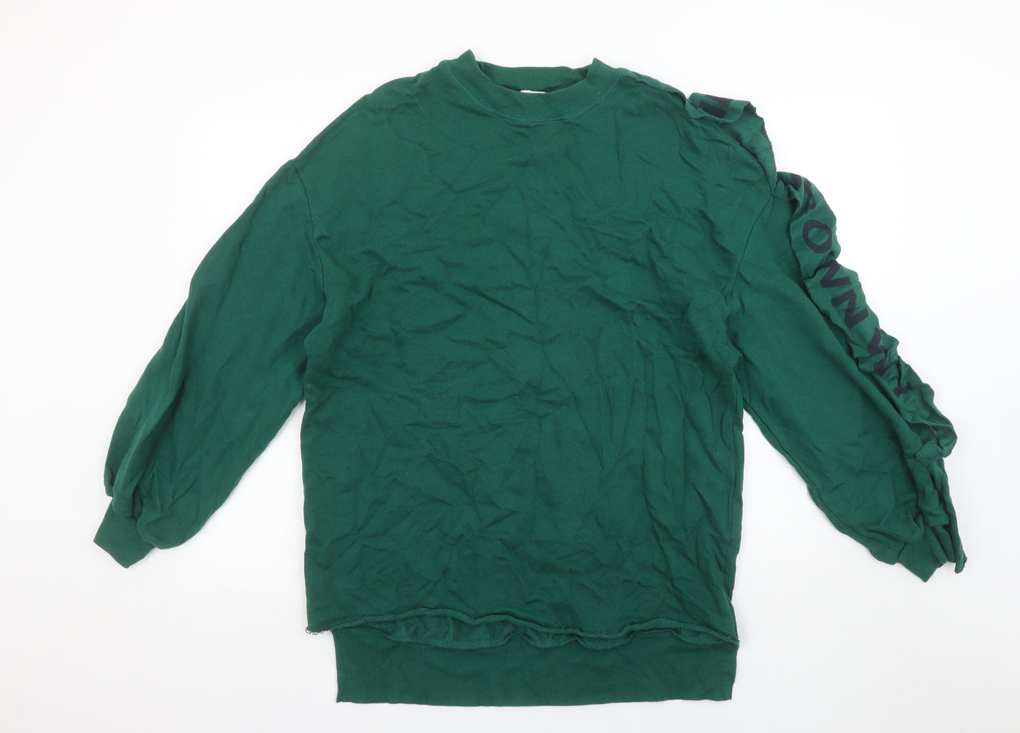 Pull&Bear Women’s Green Sweatshirt S Ruffle Logo Sleeve Crew Neck