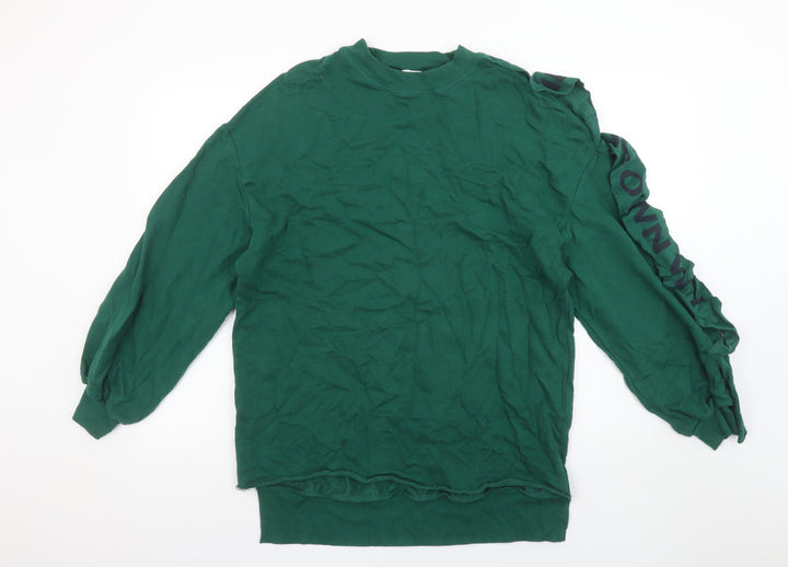 Pull&Bear Women’s Green Sweatshirt S Ruffle Logo Sleeve Crew Neck