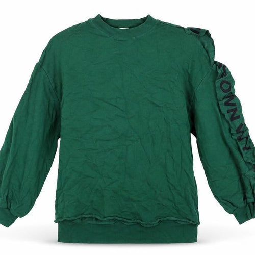 Pull&Bear Women’s Green Sweatshirt S Ruffle Logo Sleeve Crew Neck
