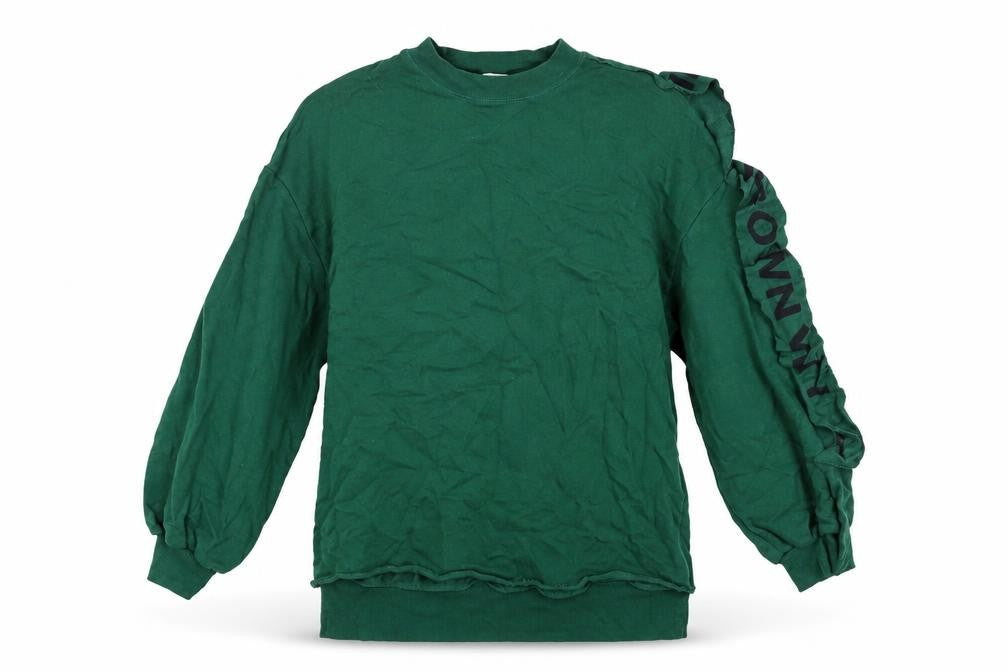 Pull&Bear Women’s Green Sweatshirt S Ruffle Logo Sleeve Crew Neck