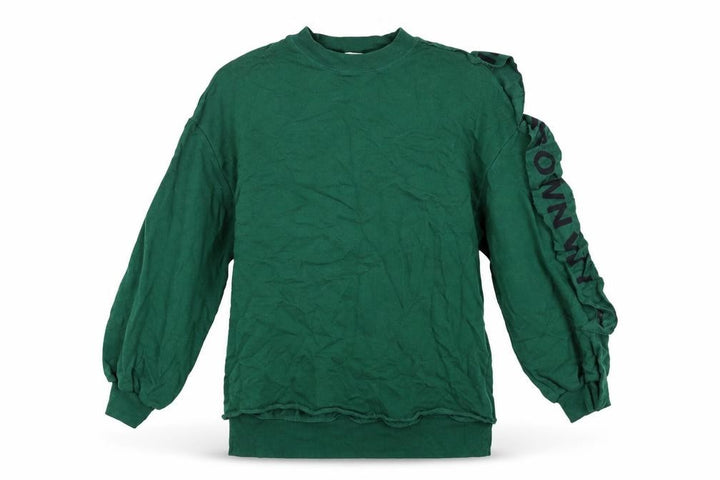 Pull&Bear Women’s Green Sweatshirt S Ruffle Logo Sleeve Crew Neck
