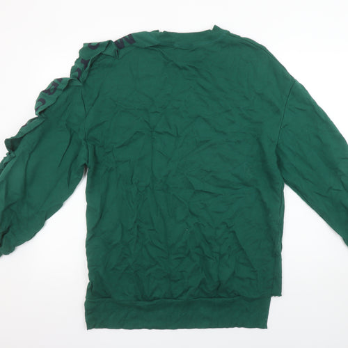 Pull&Bear Women’s Green Sweatshirt S Ruffle Logo Sleeve Crew Neck