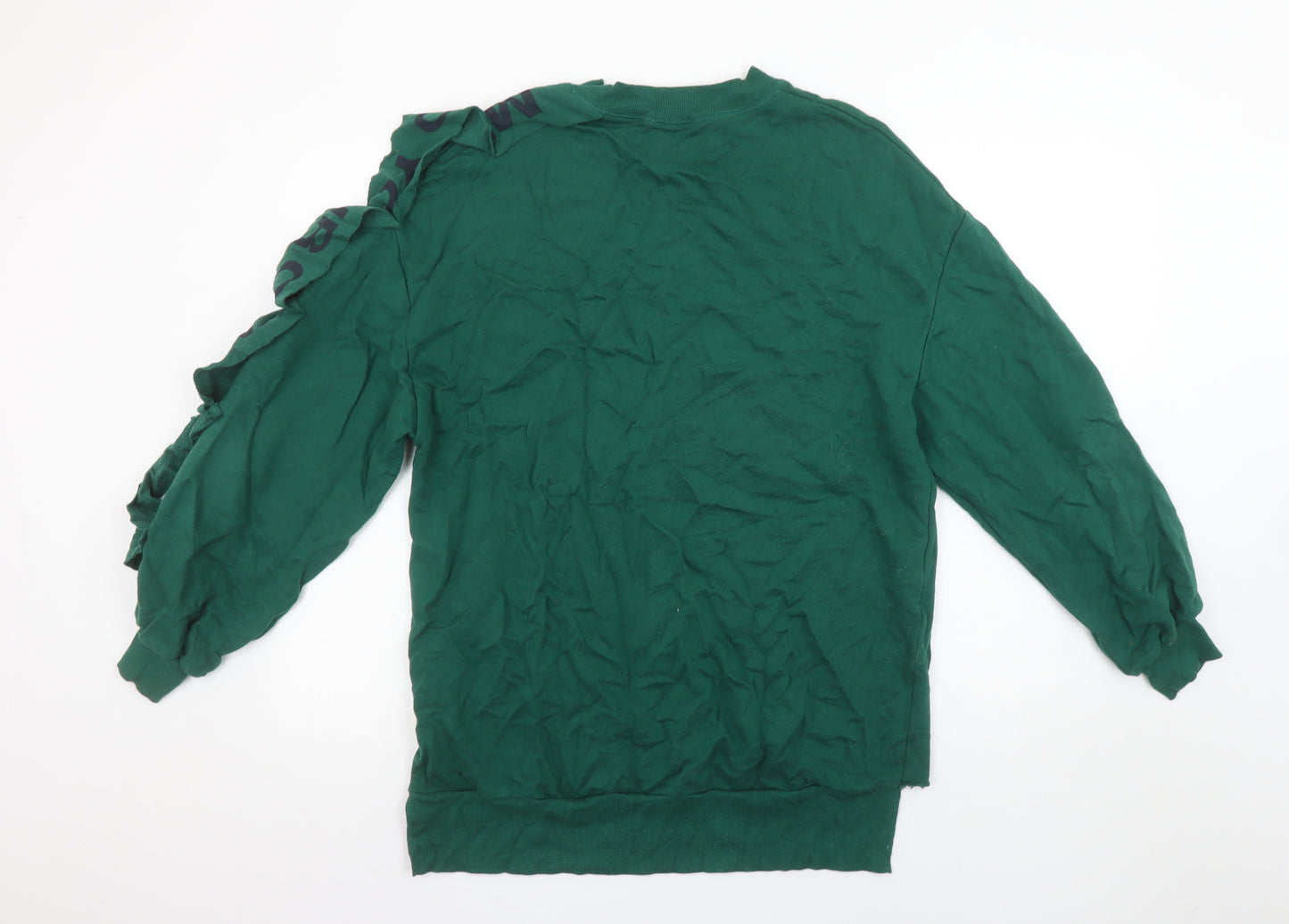 Pull&Bear Women’s Green Sweatshirt S Ruffle Logo Sleeve Crew Neck