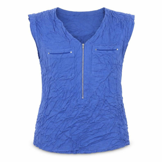 Front view of Warehouse Women Blue Zip Front Sleeveless Tunic Blouse, size 10